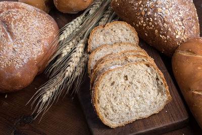 High angle view of bread in basket on table