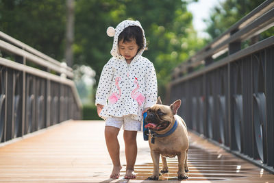 Cute girl with dog walking on footbridge