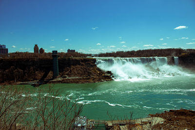 Scenic view of waterfall against sky
