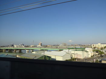 Bridge over river by buildings against clear sky