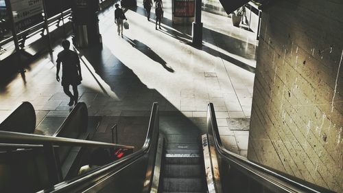 High angle view of people on escalator