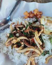 High angle view of food served in plate