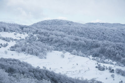 Scenic view of snow covered mountains against sky