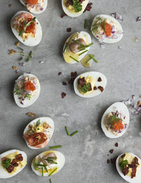 Stuffed eggs on grey background, sweden