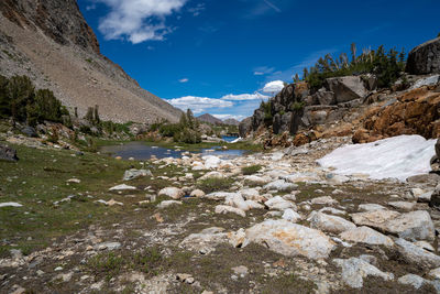 Scenic view of stream by rocks against sky