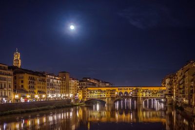 Illuminated arch bridge over river in city against sky at night