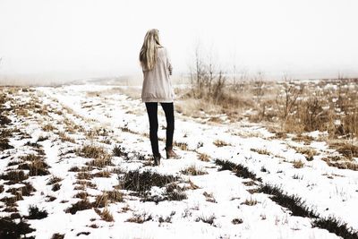 Rear view of person standing on snow covered land