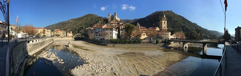 View of town against mountain range