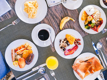 High angle view of breakfast served on table