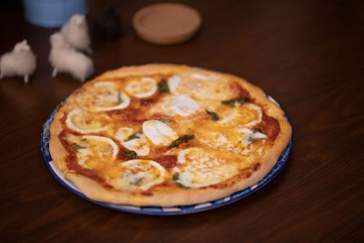 High angle view of bread in plate on table