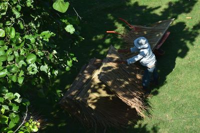 High angle view of mature man working at lawn