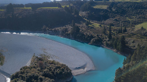 High angle view of bay against clear sky