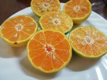 High angle view of orange fruits on table