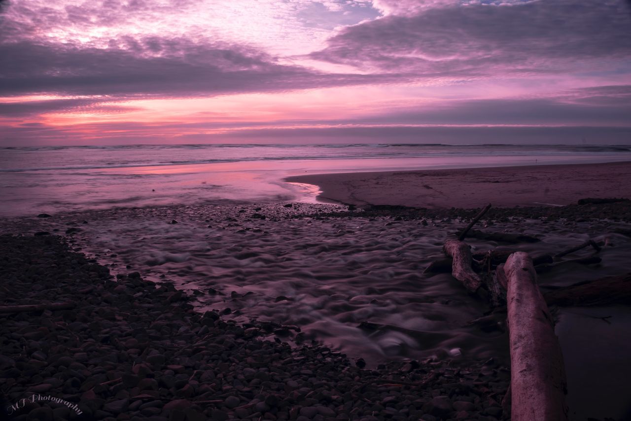 sunset, sea, beach, purple, pink color, dramatic sky, romantic sky, nature, no people, horizon over water, cloud - sky, outdoors, sand, beauty in nature, wave, sky