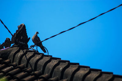 Low angle view of sculpture on roof against clear blue sky