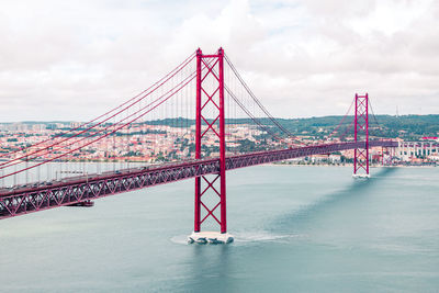 Golden gate bridge over sea against cloudy sky