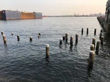Wooden posts in sea against sky