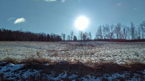 Scenic view of frozen field against sky during winter