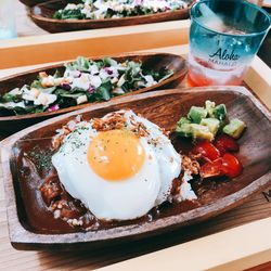 High angle view of breakfast served on table