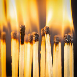 Close-up of burning candles on wood