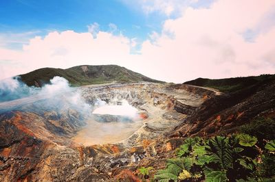 High angle view of hot spring against sky