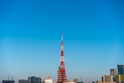 Communications tower in city against clear blue sky