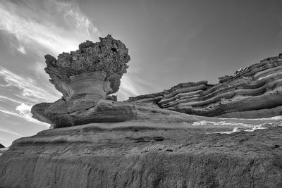 Low angle view of rock formation against sky