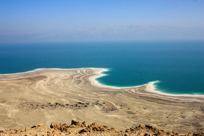 Scenic view of beach against blue sky