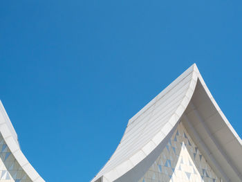 Low angle view of modern building against clear blue sky