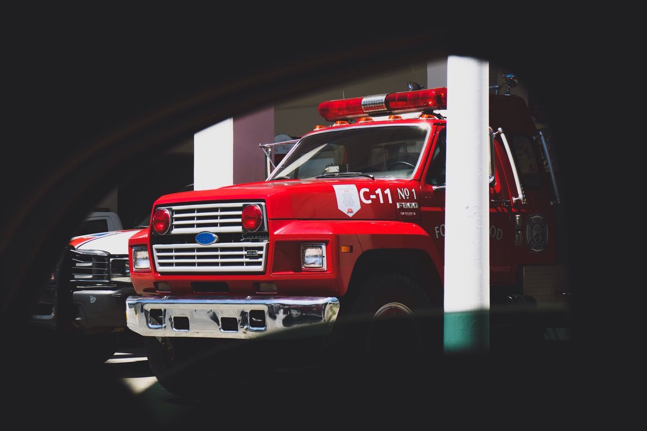 red, night, transportation, fire engine, semi-truck, outdoors, no people