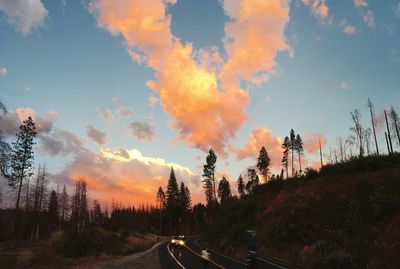 Road by trees against sky during sunset