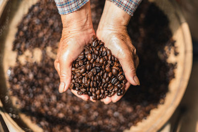 Directly above shot of hands holding coffee beans