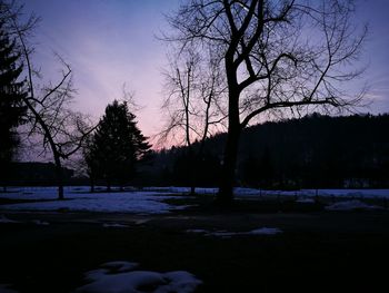 Silhouette trees on snow covered landscape against sky