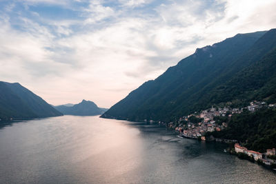 Scenic view of river amidst mountains against sky