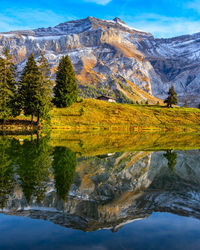 Scenic view of lake and mountains against sky