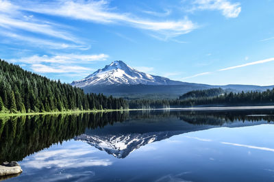 Scenic view of mountain next to lake against cloudy sky