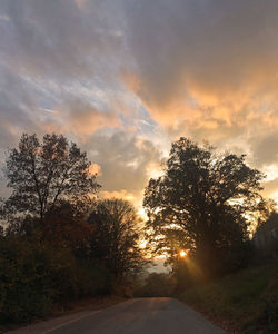 Road amidst trees against sky during sunset