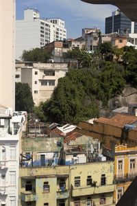 High angle view of houses in town