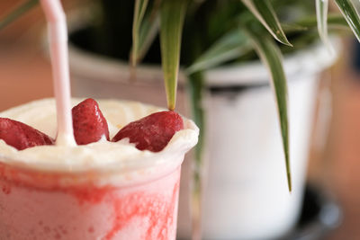 Close-up of strawberry cake on table