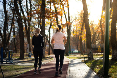 Rear view of women walking on footpath in park