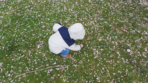 High angle view of boy on field