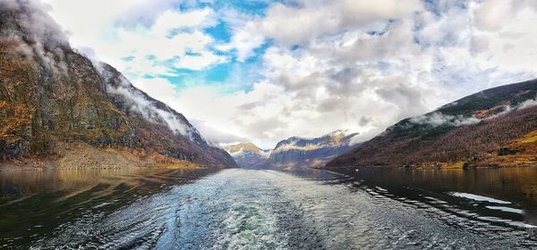 Panoramic view of lake against cloudy sky