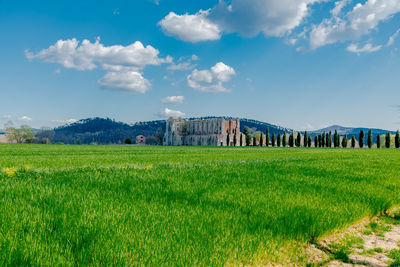 View of old ruin on field against cloudy sky