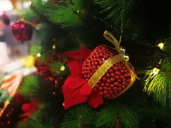 Close-up of christmas decorations hanging on tree