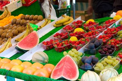 High angle view of fruits for sale at market stall