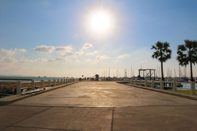 Scenic view of palm trees by sea against sky