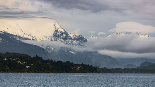 Scenic view of lake by mountains against sky