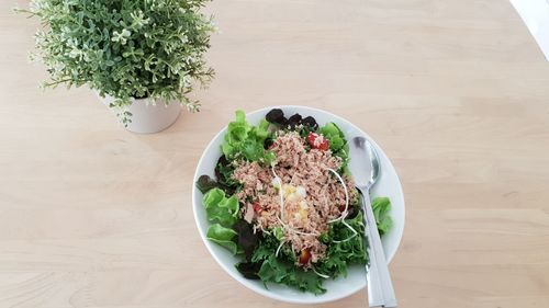 High angle view of breakfast served on table