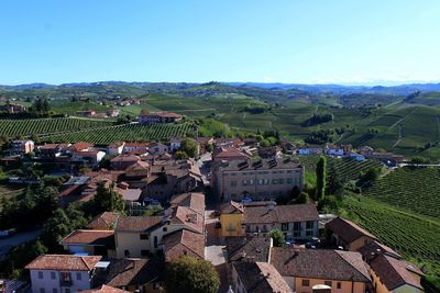 High angle view of townscape against sky in langhe, piedmont