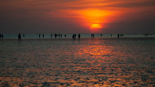 Silhouette people on beach against sky during sunset